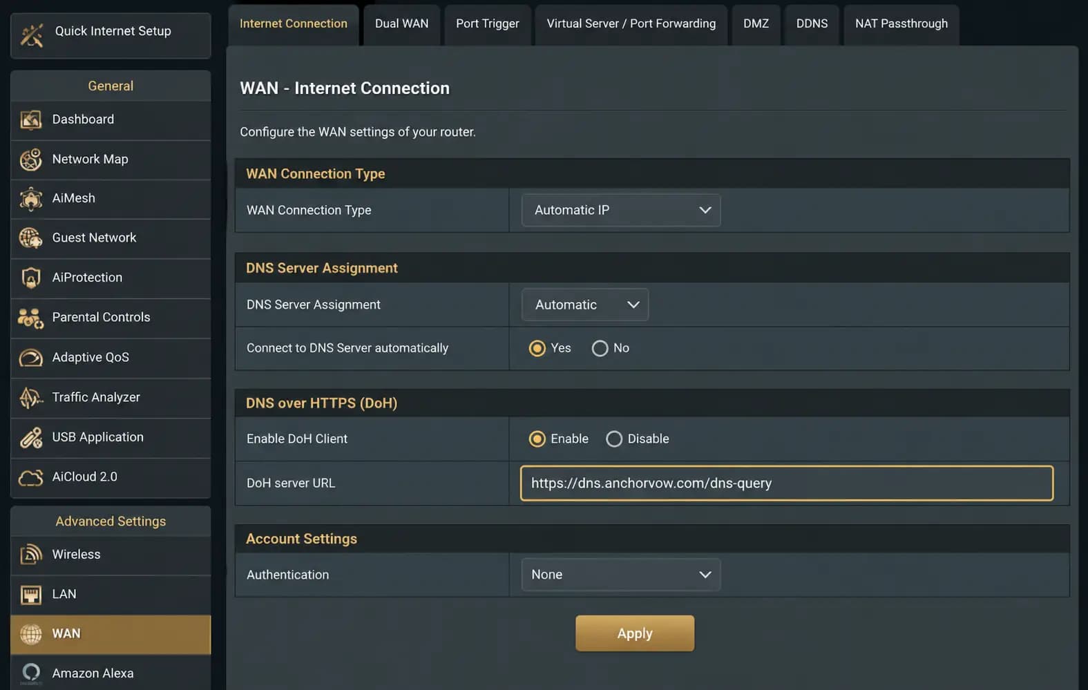 Screenshot: ASUS WAN settings showing the DoH server URL field.