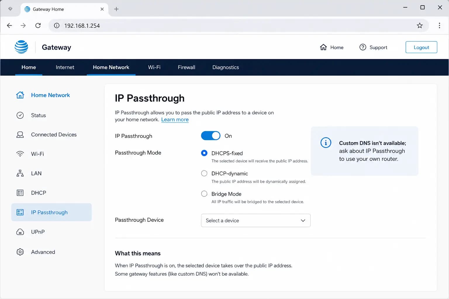 Screenshot: AT&T gateway admin panel showing limited DNS or IP passthrough options.