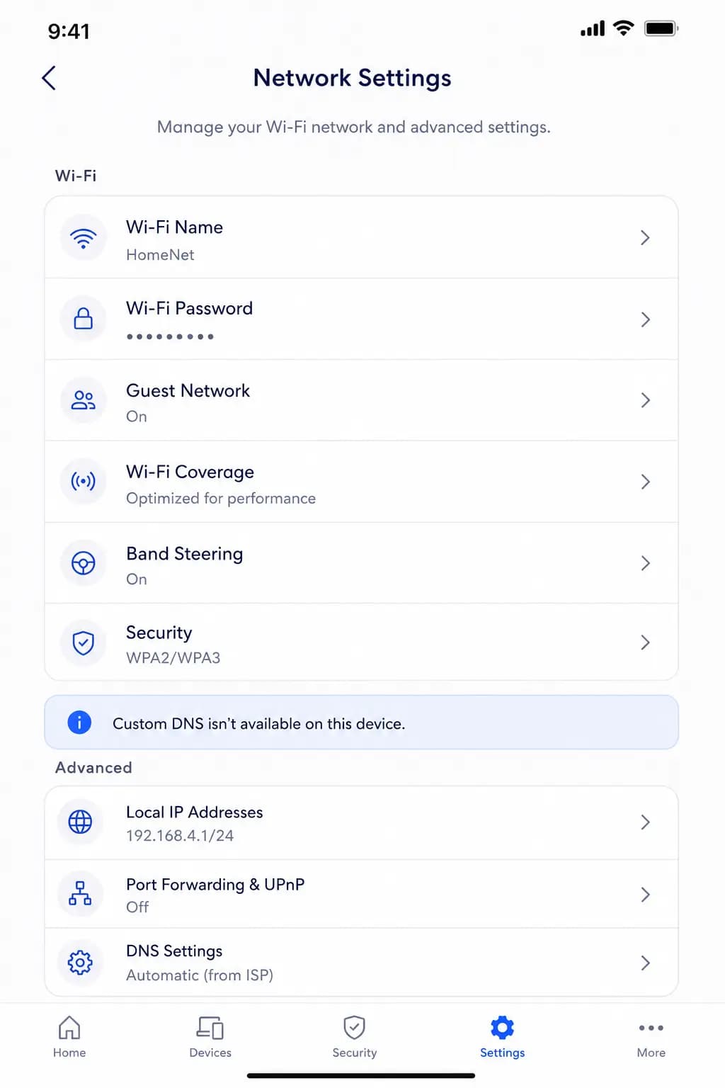 Screenshot: eero app showing Network Settings, no custom DNS or DoH option present.
