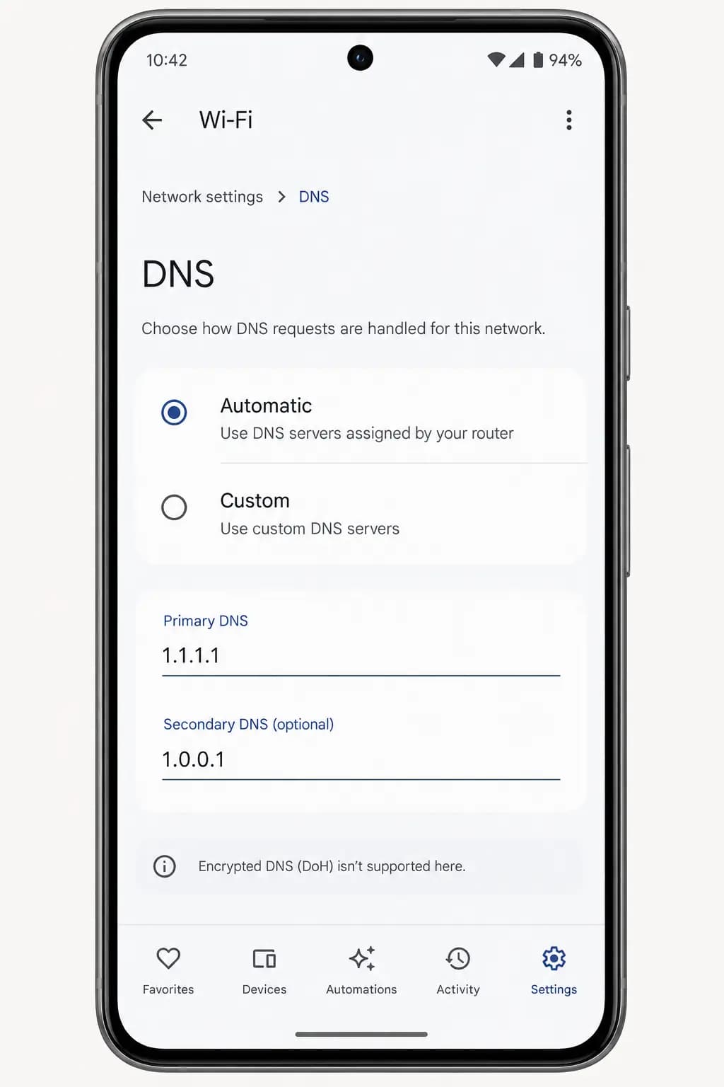 Screenshot: Google Home app Wi-Fi settings showing limited DNS options.