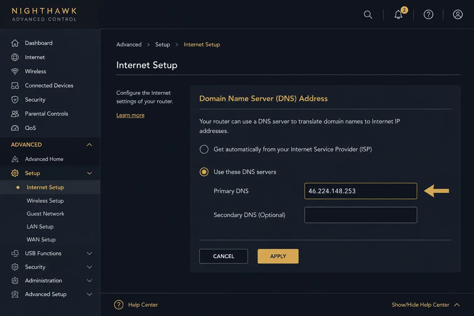 Screenshot: Netgear Nighthawk admin panel showing Internet Setup → DNS Server fields.