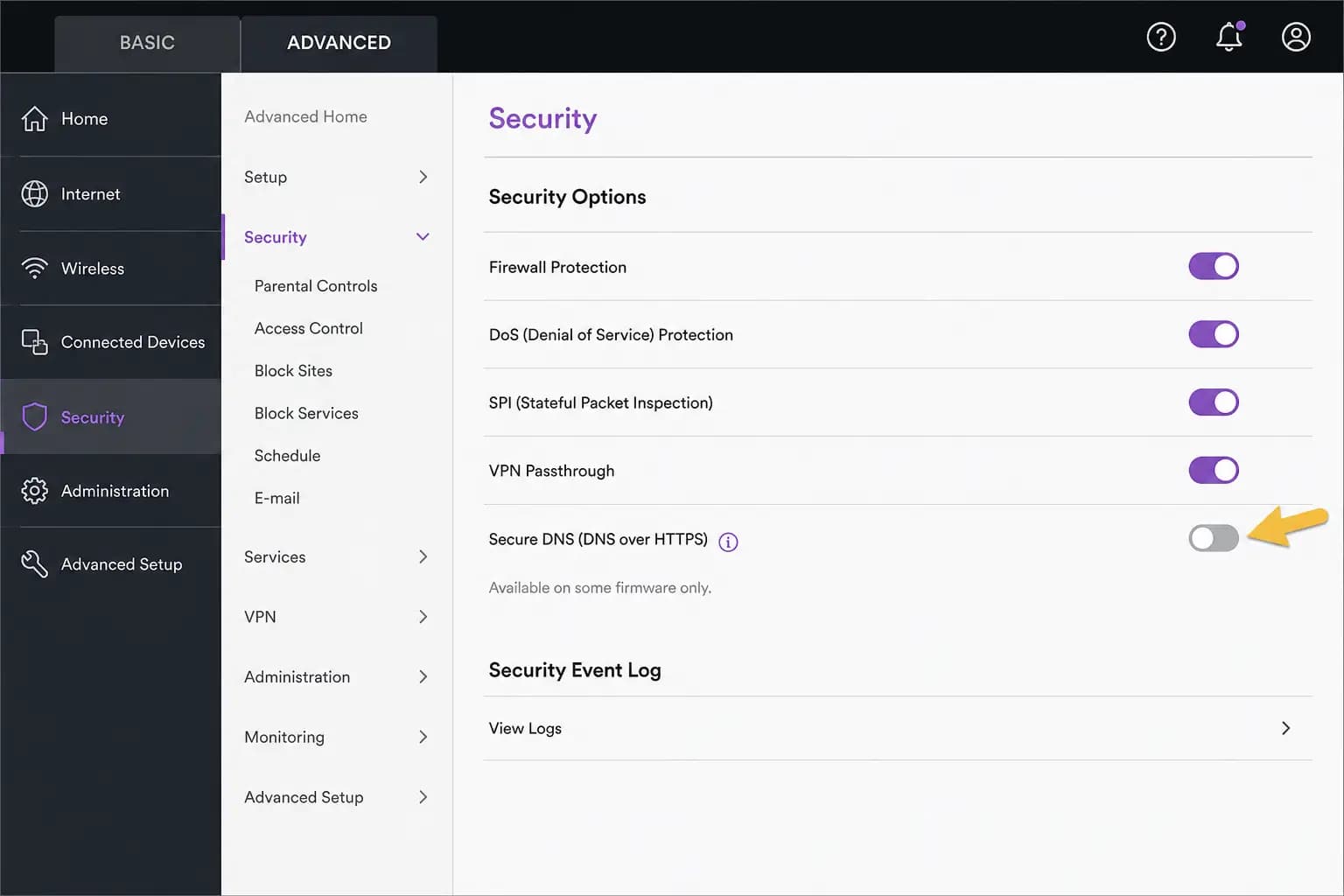 Screenshot: Netgear Advanced → Security section showing Secure DNS toggle (present on some firmware only).