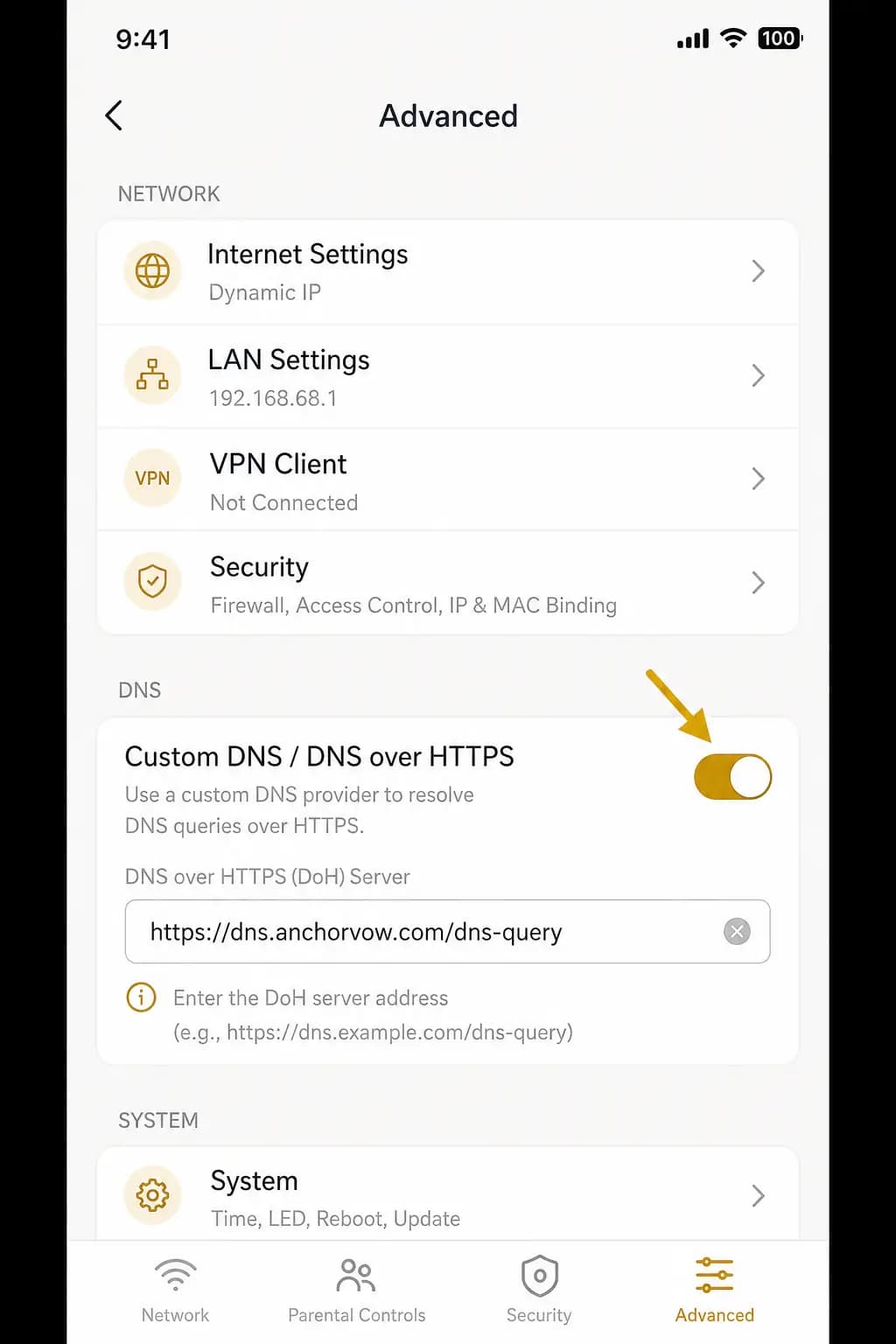 Screenshot: Tether app showing Custom DNS / DNS over HTTPS toggle for Deco.