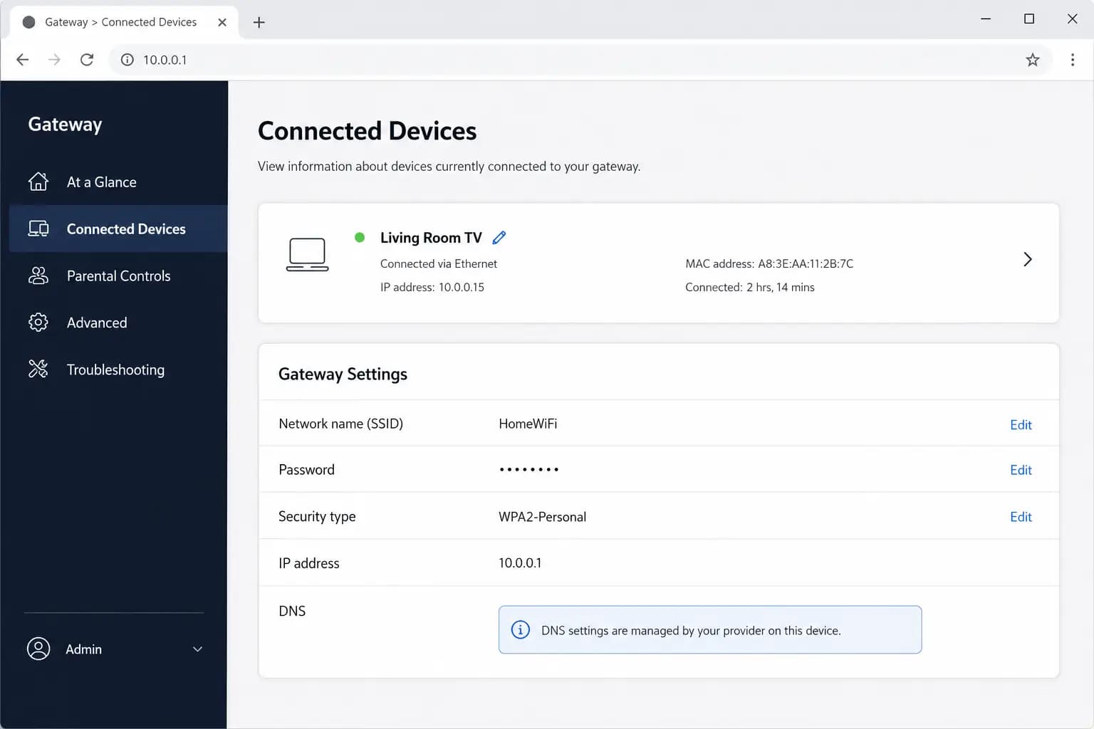 Screenshot: Xfinity gateway admin panel showing limited or no custom DNS options.