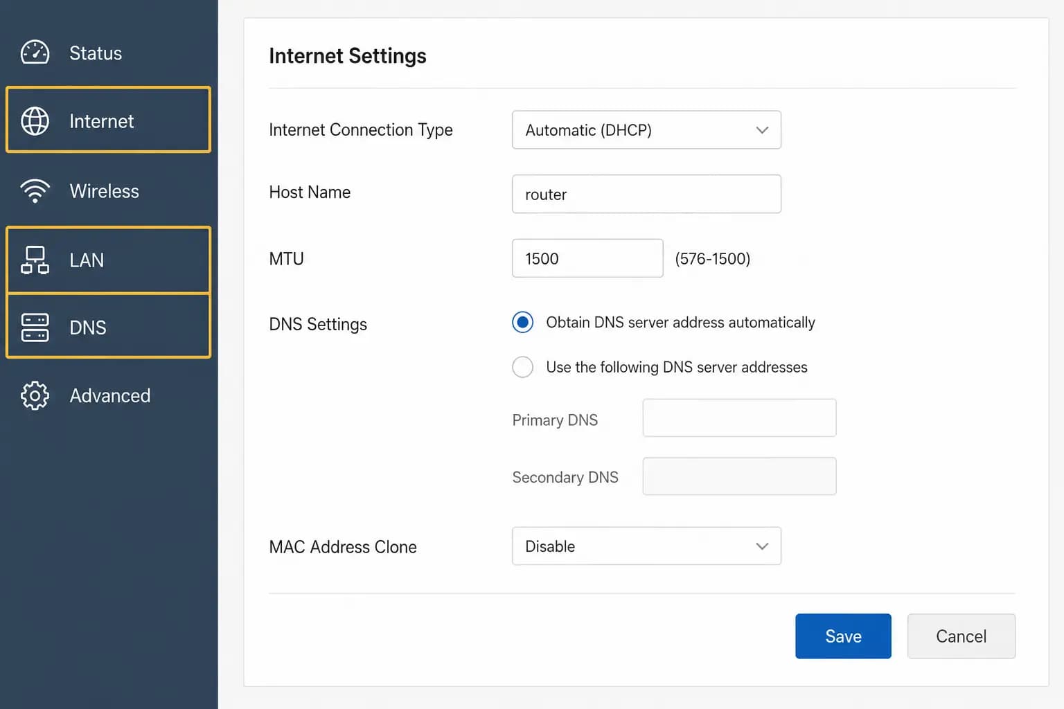 Screenshot: a router admin menu with the Internet / LAN / DNS section highlighted.
