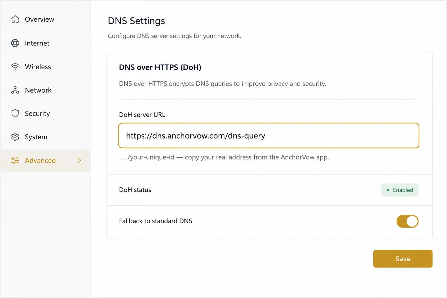 Screenshot: a router DNS field with an example DoH address pasted in.