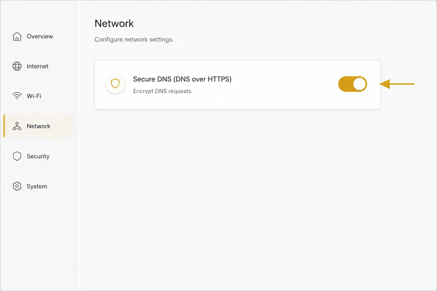 Screenshot: a router's encrypted-DNS (DoH / Secure DNS) toggle.