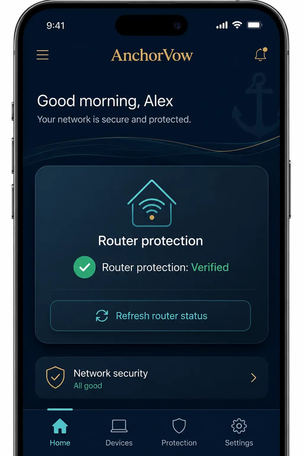 Screenshot: the AnchorVow app showing router status = verified.